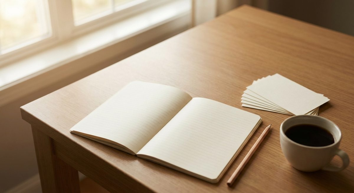 Un cahier ouvert, des fiches et une tasse de café sur un bureau